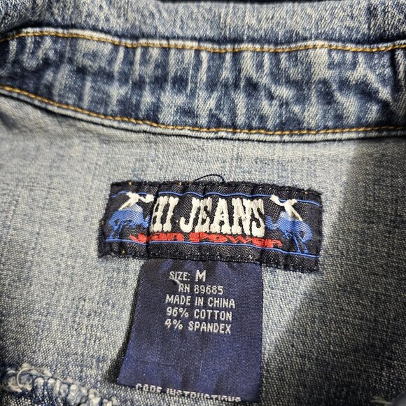 Vintage Y2K Denim Romper Medium Blue Drop Waist Belt Loops Snap Button Pockets - Picture 12 of 12